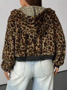 SHEIN EZwear Große Größen Leopard Muster Kurze Flauschige Sweatshirt, Herbst/Winter