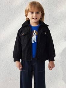 Blossori Kleine Jungen Mantel Einfarbig mit Fellkragen und Pattentaschen - Schwarz - Übersicht 1