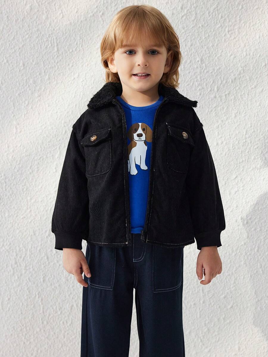 Blossori Kleine Jungen Mantel Einfarbig mit Fellkragen und Pattentaschen - Schwarz - Übersicht 1