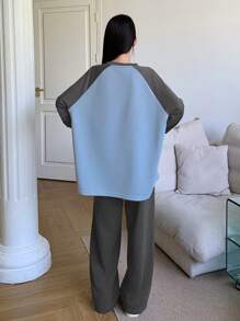 DAZY Crew Neck Color Block Raglan Sleeve Letter Print Top And Loose Pants Pajama Set, Fall Clothes - Blue - View 2