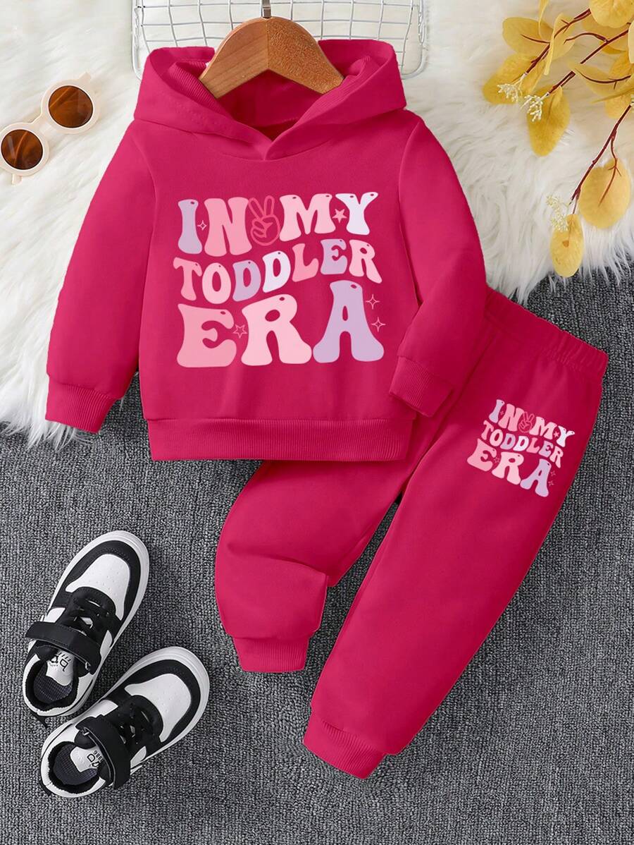 女婴时尚彩色字母印花休闲舒适连帽运动衫和运动裤套装 - 灰色 - 查看 1