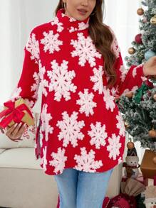 SHEIN LUNE Going Out Tops Christmas Knit Jacquard Snowflake Pattern Soft Turtleneck Warm Fabric T-Shirt, Plus Size Christmas T Shirt Thermal Shirts Fleece Plus Size Fall Clothes - Red and White - View 7