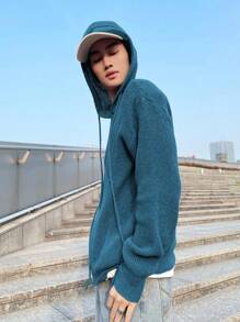 Manfinity Hypemode Men's Plain Front Zip Long Sleeve Minimalist Hoodie, Casual Daily Wear