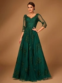 Serin Váy Peplum cổ chữ V tay 3/4 thêu lưới Jacquard sang trọng lãng mạn màu xanh ô liu dành cho nữ, thích hợp cho các bà mẹ tham dự tiệc tối, đám cưới và các dịp quan trọng khác - Màu xanh lá cây đậm - Xem 4