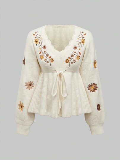 Suéter con cordón de cintura con bordado floral bohemio