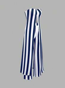 Flirla Women Stripe Ruched Bandeau Crop Top And Pants Set (Random Cut)