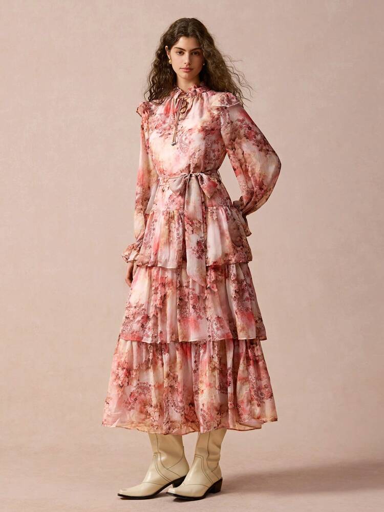 New Autumn Winter Products,Romantic Floral Allover Print Ruffle Hem Dress For Women,Fall Winter  Women's Clothing,Winter Dress,Elegant Women Dresses,Long Sleeve Dress