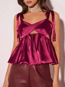 Glamine 优雅浪漫酒红色编织无袖V领扭结镂空荷叶边下摆吊带背心，适合圣诞节、感恩节派对，女士冬季、感恩节、节日、复古风。 - 酒紅色 - 查看 6