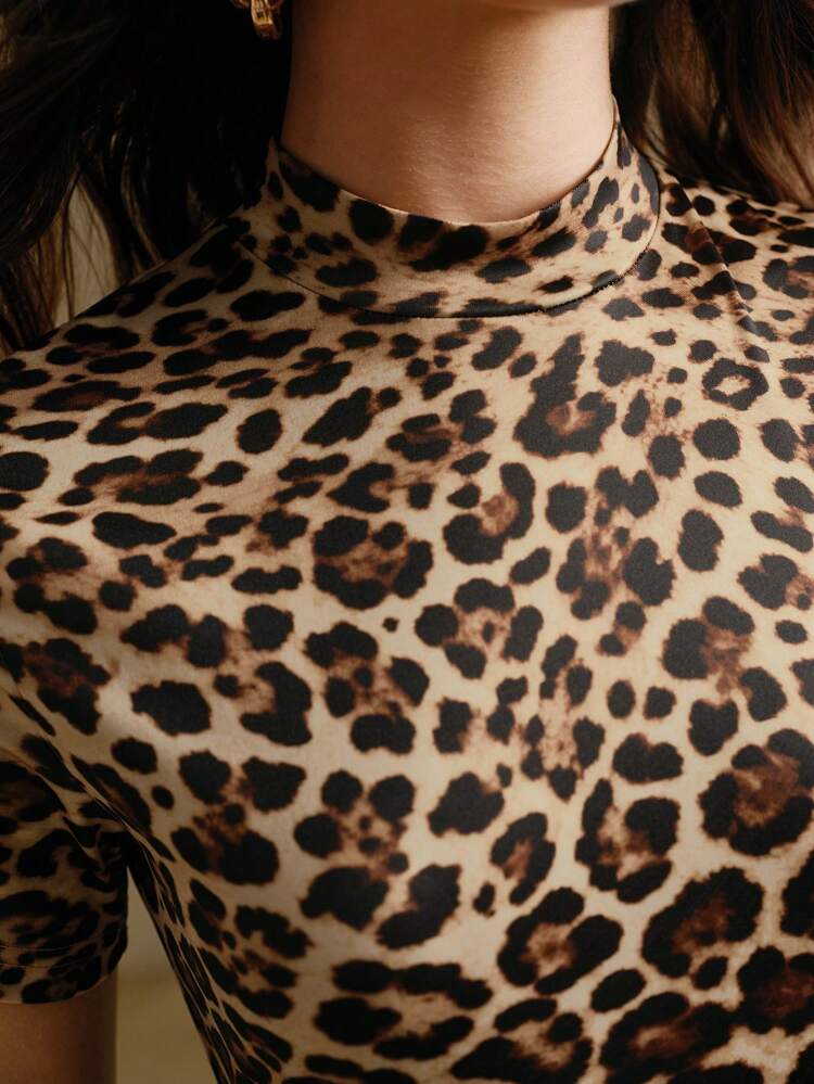 Euro/American Spring/Autumn New Leopard Gradient Print Stand Collar A-Line Short Sleeve Bodycon Waist Slim Fit Dress Maxi Women Outfit