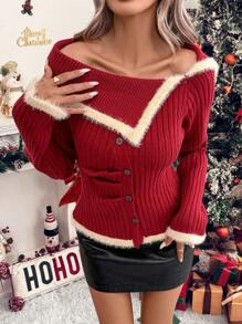 SHEIN Clasi Women Christmas Color Block Trim Asymmetrical Collar Button Front Sweater, Casual Wear For Autumn/Winter Knit Pullover Fall - Red - View 6