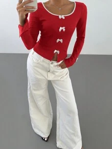 Aloruh Women's Colorblock Hem Long Sleeve Bow Decor Casual T-Shirt - Red and White - View 4
