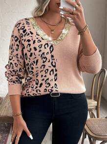 Calvaya Plus Size V-Neck Loose Leopard Print & Sequin Contrast Dolman Sweater, For Winter - Dusty Pink - View 5
