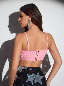 THE NERVE Designer Denim Effect Star Cutout Rhinestone Decor Cowgirl Cami Top, For Holiday, Spring, Going Out, Festival