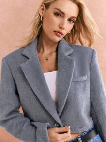 Poéselle Áo khoác vest ngắn màu xám, Áo khoác cổ đứng đơn hàng khuy đơn giản cho nữ, Mùa thu, Lông thú, May đo ba chiều, Thời trang đơn giản, Phong cách tiền cũ, Thích hợp mặc hàng ngày trên phố, đi làm và các dịp khác - Xám - Xem 7