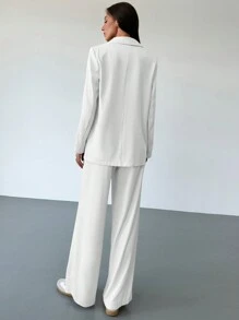 Aloruh New Elegant Commuter Suit Set With Silhouette Design, Long Suit Jacket, Winter, Business Casual, Elegant, White , Wide Leg,Baggy