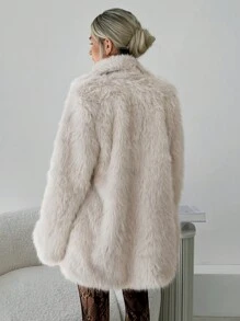 Firerie 女式厚款宽松翻领仿皮草大衣，带口袋，秋冬 - 杏色 - 查看 3