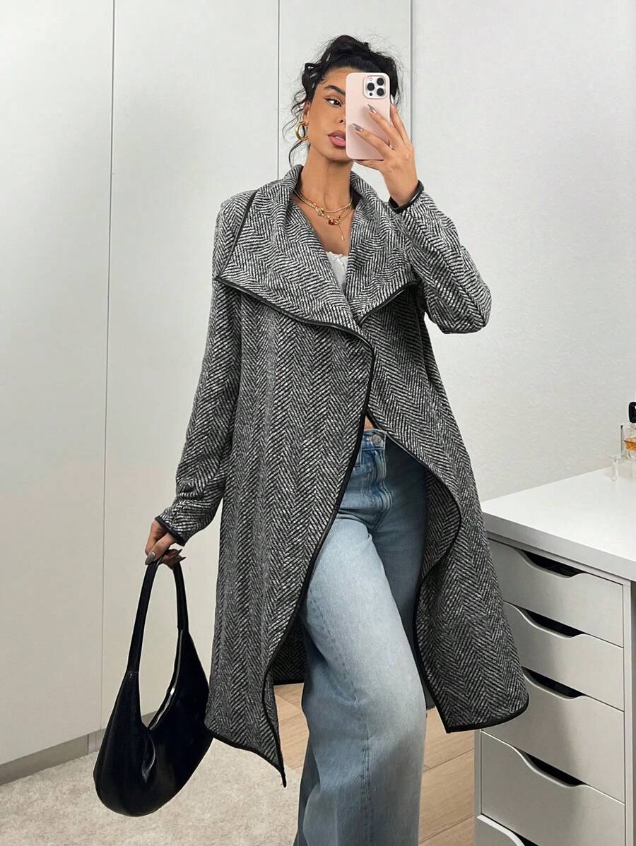 SHEIN EZwear 女士休闲灰色人字纹常规夹克,秋冬 - 深灰色 - 查看 1