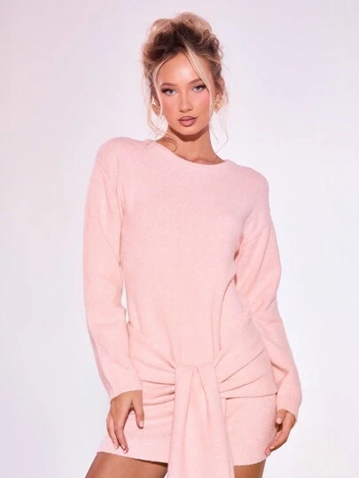 MUSERA Tie Front Fluffy Sweater Dress Spring Pastel Brunch Elegant