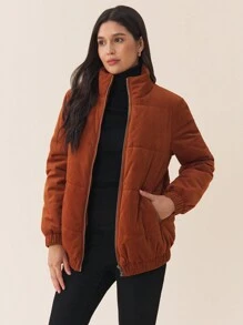 SHEIN 孕妇纯色全拉链前口袋简约长袖夹克，休闲日常穿着，适合冬季 - 咖啡棕 - 查看 10