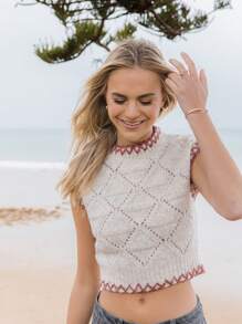 Aralina Áo len crop cổ tròn phối chỉ tương phản phong cách Western Luxe Pointelle - Màu be - Xem 8