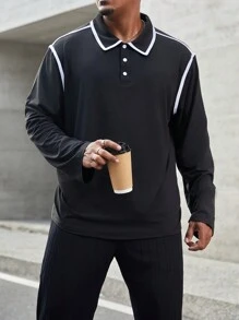 Manfinity Homme Áo thun polo viền màu thường ngày cỡ lớn cho nam, mùa thu - màu đen - Xem 5