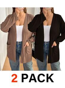 SHEIN Essnce 大码女装秋冬新款时尚优雅网红街拍百搭休闲通勤商务工作多件装2件装黑棕色长袖开衫外套口袋夹克针织外套 - 彩色 - 查看 1