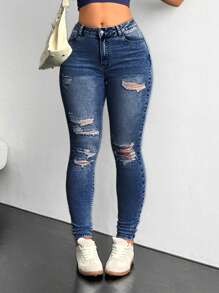 SHEIN EZwear 女士破洞口袋修身休闲牛仔裤 - 深色水洗藍 - 查看 8