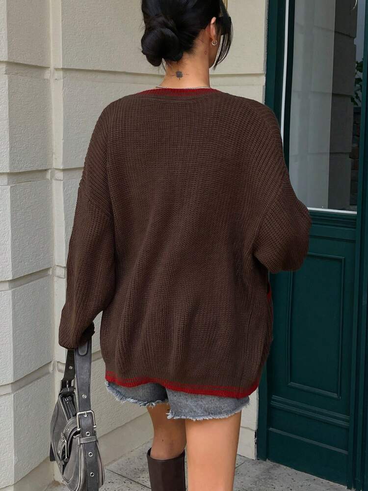 Color Block Patchwork Loose Fit Long Sleeve Round Neck Pocket Front Cardigan For Women,Fall Women Clothes