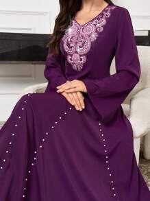 Al Najma High-End V-Neck Sequin & Rhinestone Embellished Dress For Autumn/Winter, Arabian Style, Elegant Maxi Modest Long Sleeve Jalabiya Arabian Dresses, For Evening Party/Wedding Guest/Anniversary - Purple - View 8