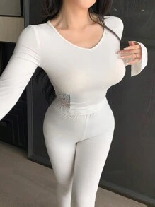 DAZY Lace Patchwork Open Back Slim Fit Pajama Set - White - View 2