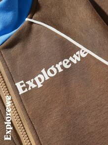 SHEIN 2 Stücke Tween Jungen Zwischengrößen Set mit Buchstaben Muster und Kontrast Farbe, Raglanärmel Jacke und Hose, lässiger Herbstoutfit