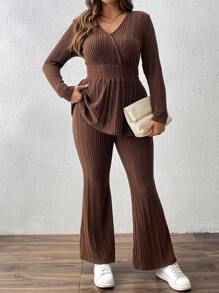 SHEIN LUNE 2pcs/Set Women Plus Size Striped Knit Drawstring Shirred Top & Relaxed Pants, Elegant Autumn/Winter Outfit