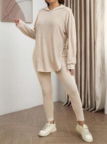 SHEIN LUNE 2 件套大码女式纯色落肩长袖连帽上衣和裤子休闲套装，秋季大码秋装 - 杏色 - 查看 5