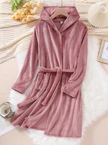 Lotus Root Pink Furry Comfy Long Sleeve Long Tie Draw String Hooded Robe Loungewear For Teenage Girls, Flame Retardant,Travel - Dusty Pink - View 1