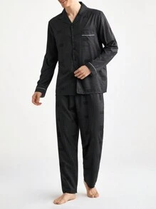 2pcs Casual Men Striped Front Button Long Sleeve Top & Pants Loungewear Set