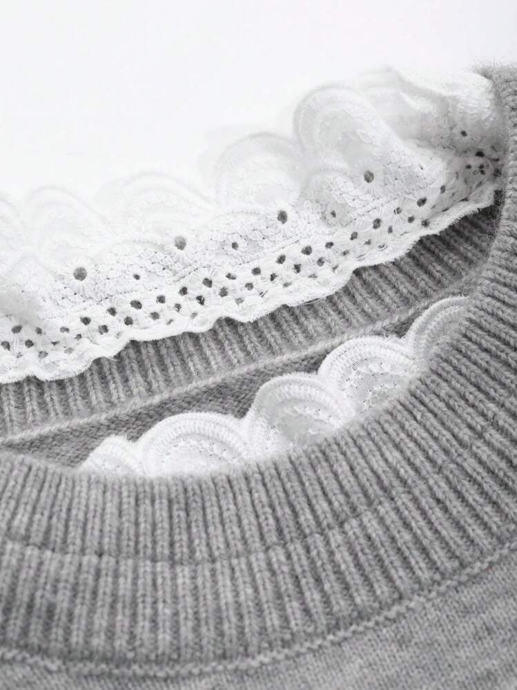 DAZY 女士纯色拼接长袖休闲套头衫，秋季服装 - 灰色 - 查看 4