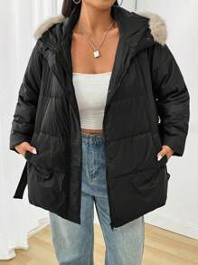 SHEIN EZwear Plus Size Women Winter Waisted  Fluffy Hooded Down& FeathersJacket - Black - View 7