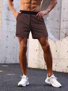 Manfinity Running 男友风男士纯色拼接前系带休闲运动短裤 - 咖啡棕 - 查看 7