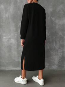 EURMUSE Cotton Women's Drop Shoulder Split Hem Sweatshirt Dress - Black - View 2
