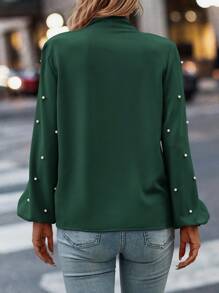 EMERY ROSE 1 件女式系带前长袖衬衫，带人造珍珠装饰，休闲简约设计，长袖上衣 - 墨綠色 - 查看 2