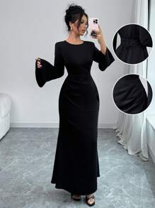 Chiquease 1 件女式缎面优雅长款褶皱腰系带圆领中长连衣裙，秋季长款女装 - 黑色 - 查看 1