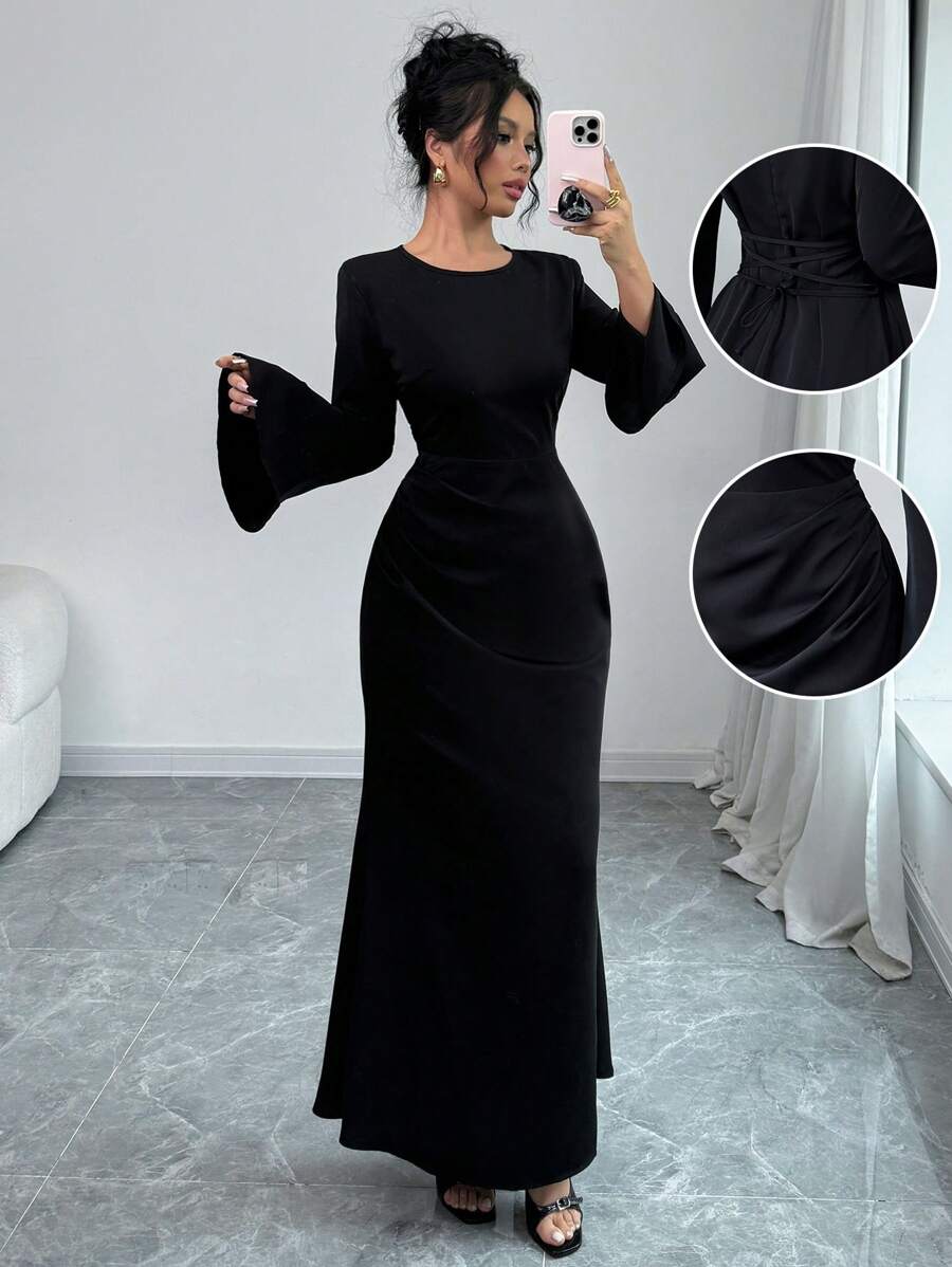 Chiquease 1 件女式缎面优雅长款褶皱腰系带圆领中长连衣裙，秋季长款女装 - 黑色 - 查看 1