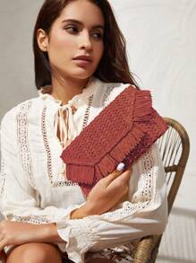 SHEIN VCAY Bolso de mano tipo embrague trenzado de paja con estilo bohemio, de parches y flecos, para vacaciones, San Valentín
