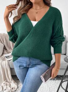 Calvaya 大码女式粗针织圆领长袖套头毛衣，休闲修身，秋冬 - 綠色 - 查看 4