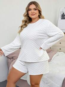 Bộ đồ ngủ dệt kim tay dài họa tiết hoa, cỡ lớn - trắng - Xem 5