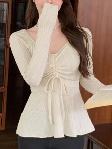 DAZY 女式简约 V 领纯色系带长袖休闲 T 恤，荷叶边