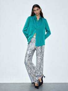 Maija Zilveren gebreide flared broek met pailletten voor dames, elegante feest-/Valentijnsdagkleding, lente/zomer