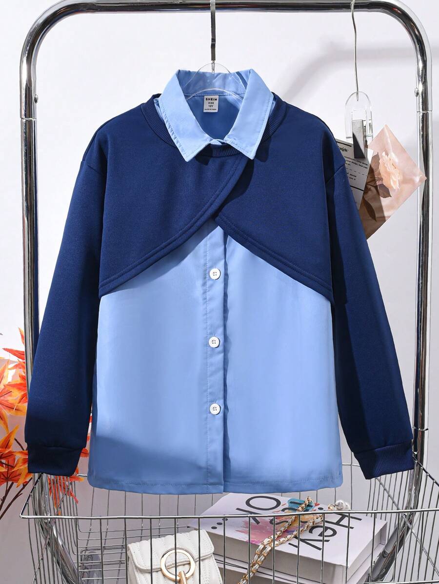 SHEIN 2pcs Tween Girls Long Sleeve Crop Sweatshirt Matched With Light Blue Shirt - Blue - View 1