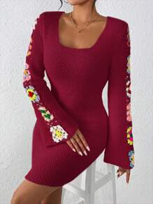 SHEIN Unity 女士简约短款毛衣裙，休闲日常穿着 - 酒紅色 - 查看 5