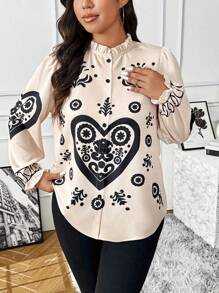 Flirla Plus Size Front Button Closure Long Sleeve Floral Print Casual Top - Apricot - View 3